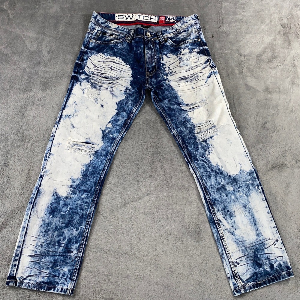 Switch Remarkable Jeans Mens 34x30 Blue Acid Wash Distressed Straight Streetwear - Picture 1 of 11